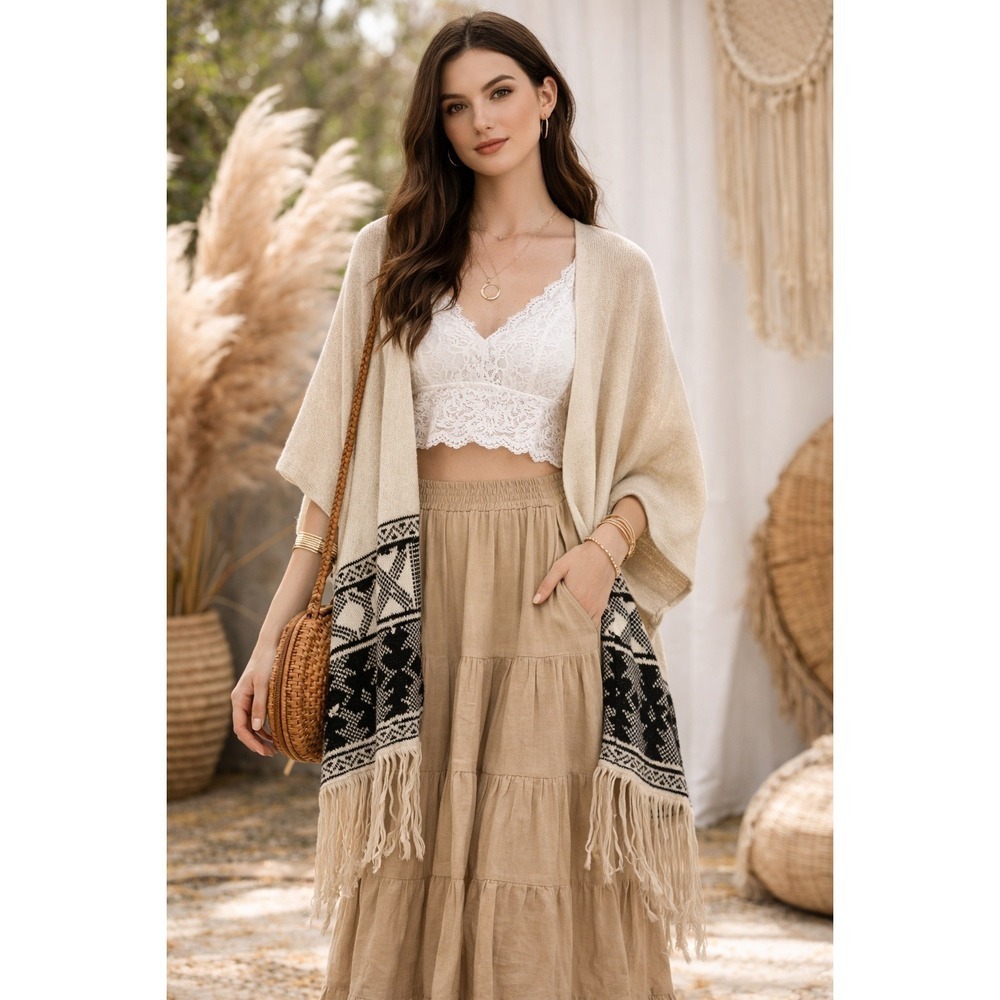 American Rag M Cardigan Sweater Poncho Fringe Open Front Boho Western Southwest‎